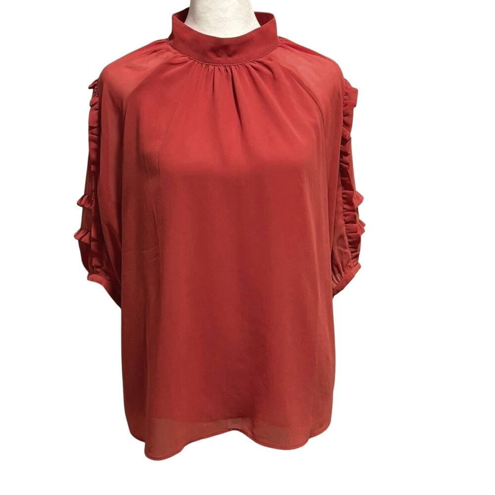 Ann Taylor Size M Blouse Top Ruffles Semi Sheer Short Sleeves Mockneck